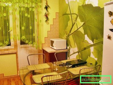 Curtains-arch in the interior of the kitchen with green walls